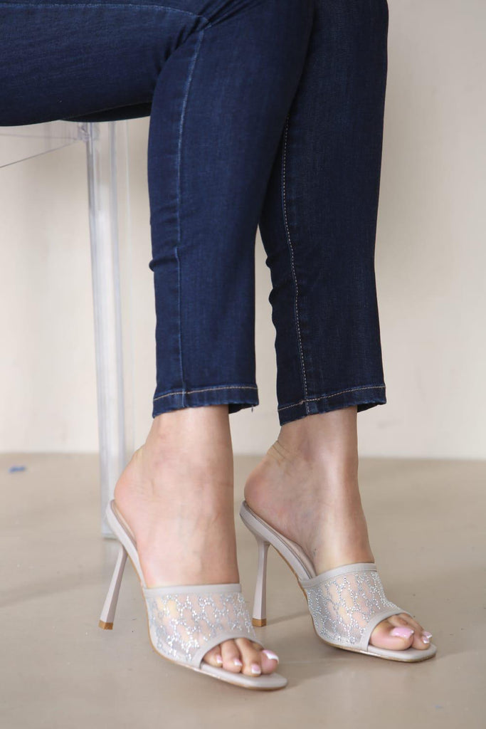 Elegant Lace Mesh Stiletto Heels -Beige
