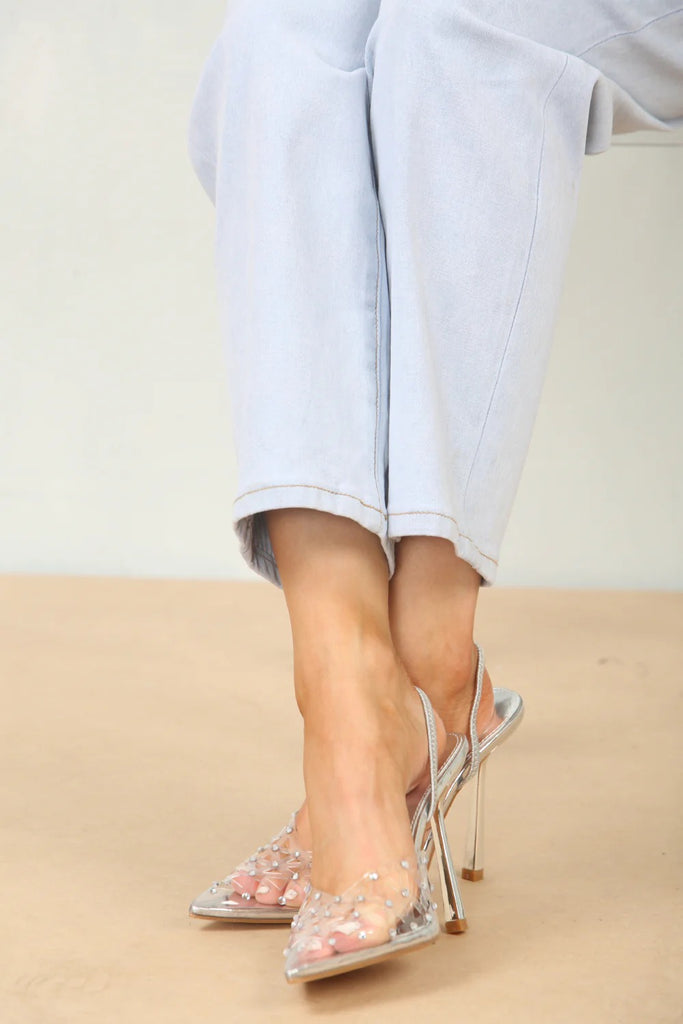 Diamante Detailed Perspex Slingback Heel -Silver