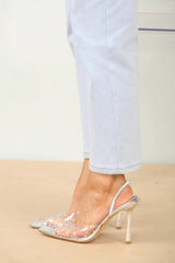 Diamante Detailed Perspex Slingback Heel -Silver