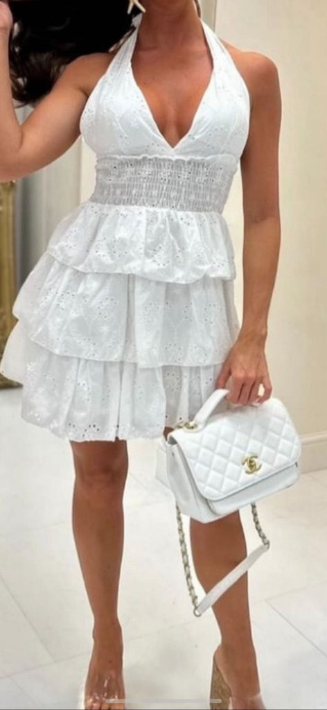 Halter Neck Tiered Mini Dress -White