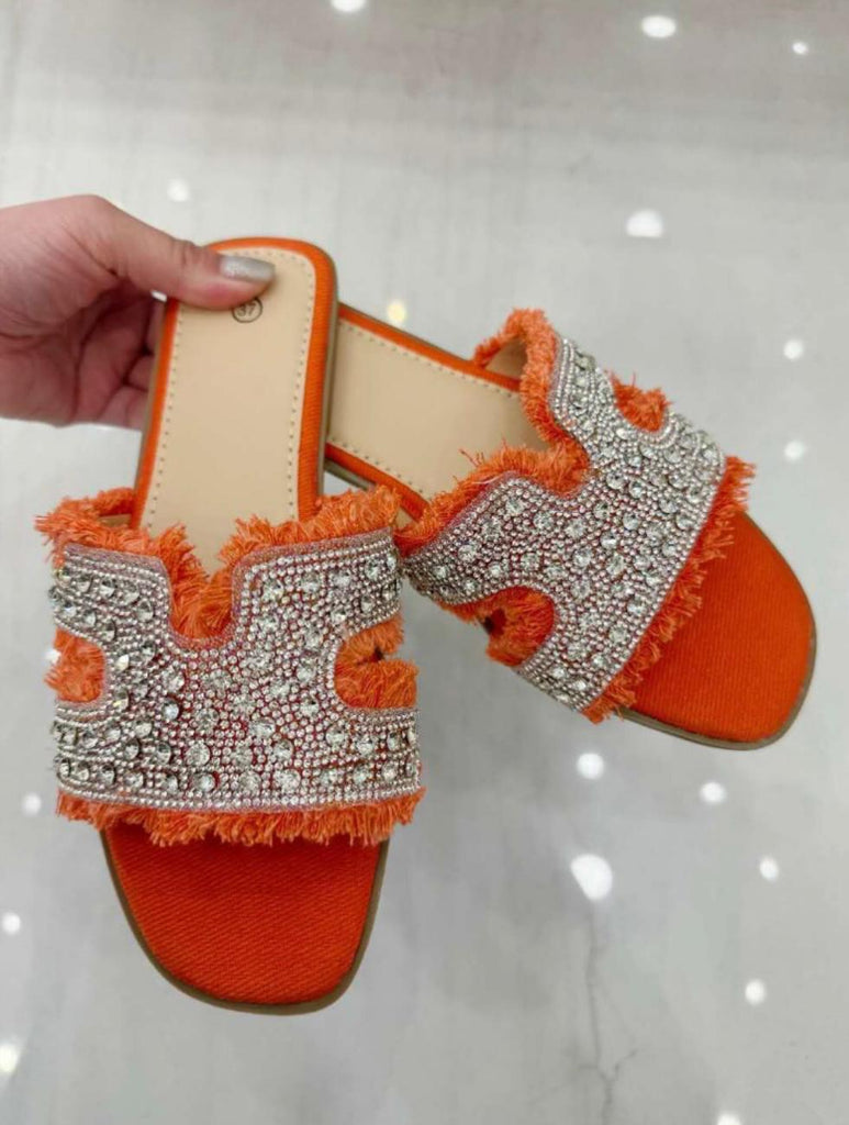 Glam Fringe Crystal Slide -Orange Bling