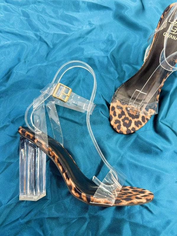 Leopard Print & Clear Strap Block Heel