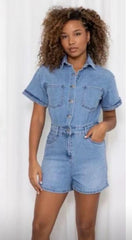 Denim Short-Sleeve Button-Up Romper