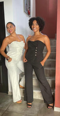 Strapless Buttoned Corset Top & Wide-Leg Pants Set -Black