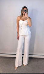 Strapless Buttoned Corset Top & Wide-Leg Pants Set -White