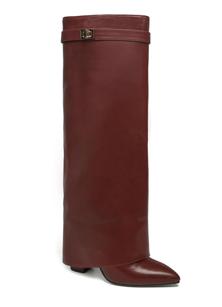 Luxury Over-the-Knee Faux Leather Boots -Wine