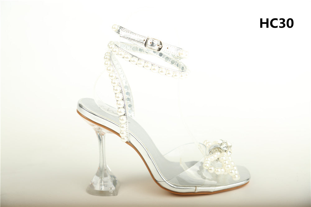 Pearl Bow Ankle Strap Stilettos -Silver