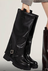 Leather Buckle Boots -Black