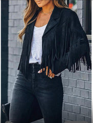 Cropped Tassel Fringe Faux Suede Jacket -Black