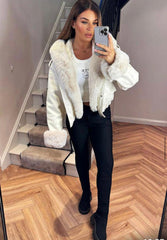 Faux Fur Bomber Jacket In Faux Leather -Beige