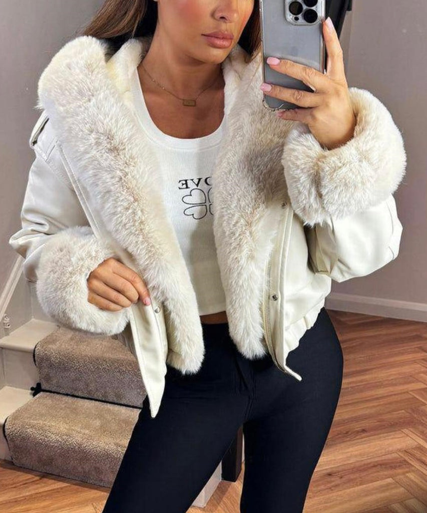 Faux Fur Bomber Jacket In Faux Leather -Beige