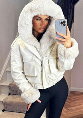 Faux Fur Bomber Jacket In Faux Leather -Beige