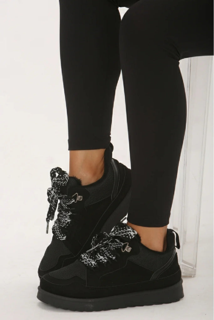 Faux Suede Trainers Lace-Up -Black