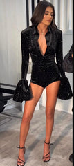 Crystal Velvet Deep-V Romper -Black