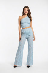 Floral Lace One-Shoulder Top & Flared Pants Co-Ord Set -SkyBlue