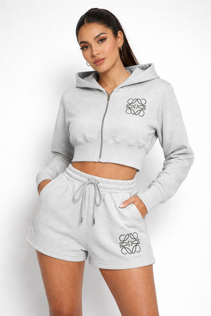 Zip Up Hooded Crop Top & Shorts Co-ord -Grey