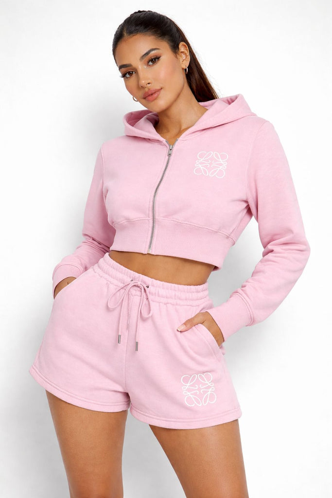 Zip Up Hooded Crop Top & Shorts Co-ord -Pink