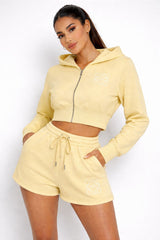 Zip Up Hooded Crop Top & Shorts Co-ord -Yellow