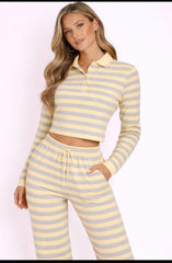 Striped Collar Neck Sweatshirt & Trouser Set -Yellow