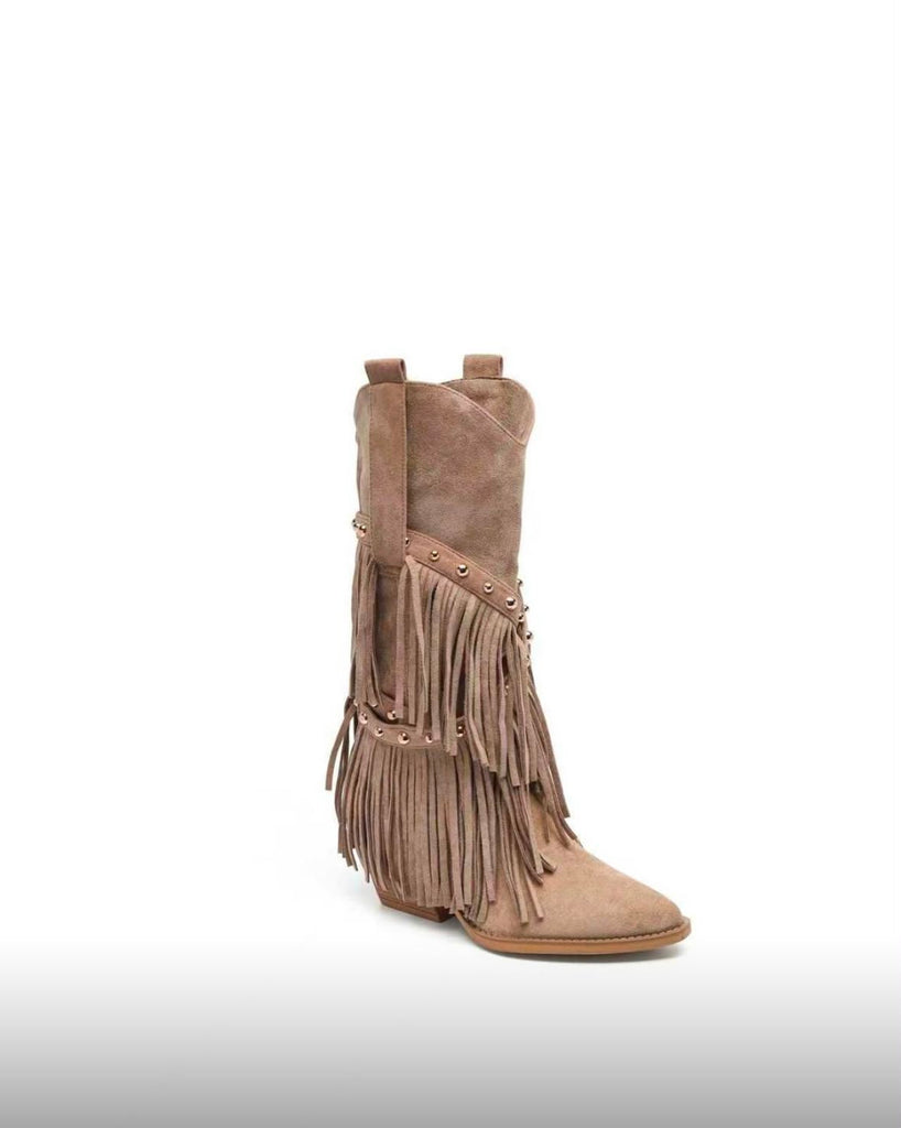 Women's taupe Western mid-calf fringe boots featuring layered fringe, decorative stud accents, and a pointed toe.