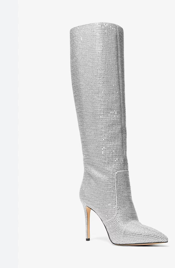 Crystal Rhinestone Pointed-Toe Knee-High Stiletto Boots -Silver