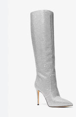 Crystal Rhinestone Pointed-Toe Knee-High Stiletto Boots -Silver