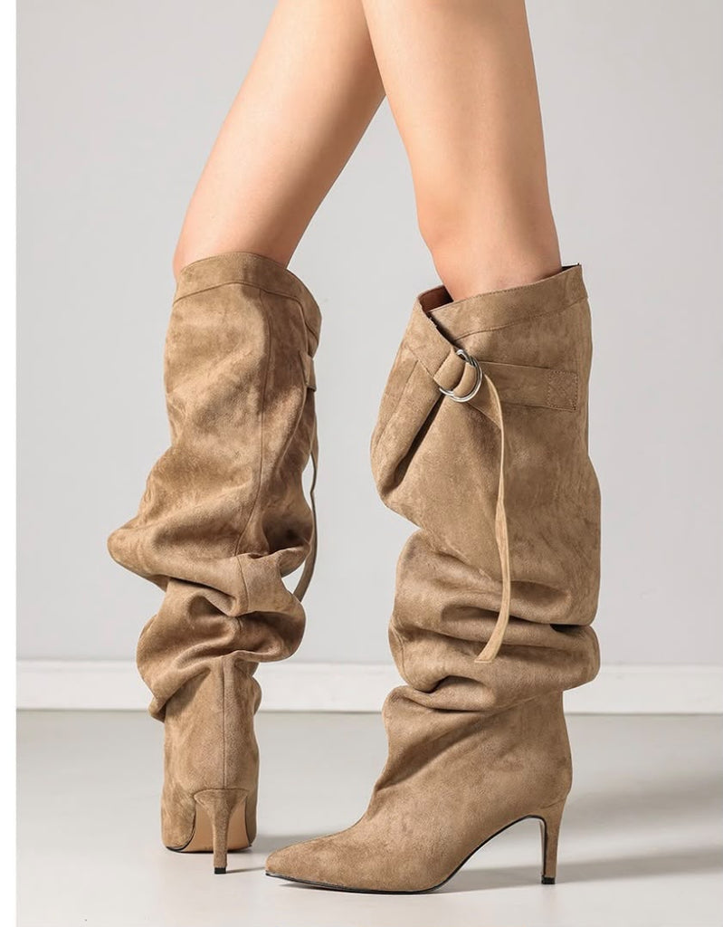 Slouchy Pointed-Toe Knee-High Boots -Khaki