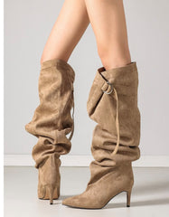 Slouchy Pointed-Toe Knee-High Boots -Khaki
