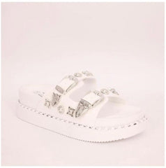Platform Studded Buckle Sandal -White