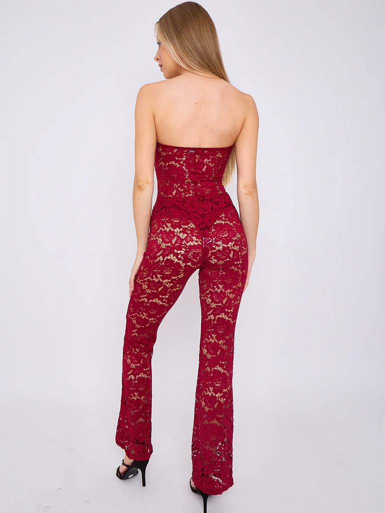 Lace Detail Bandeau Corset Jumpsuit -Wine