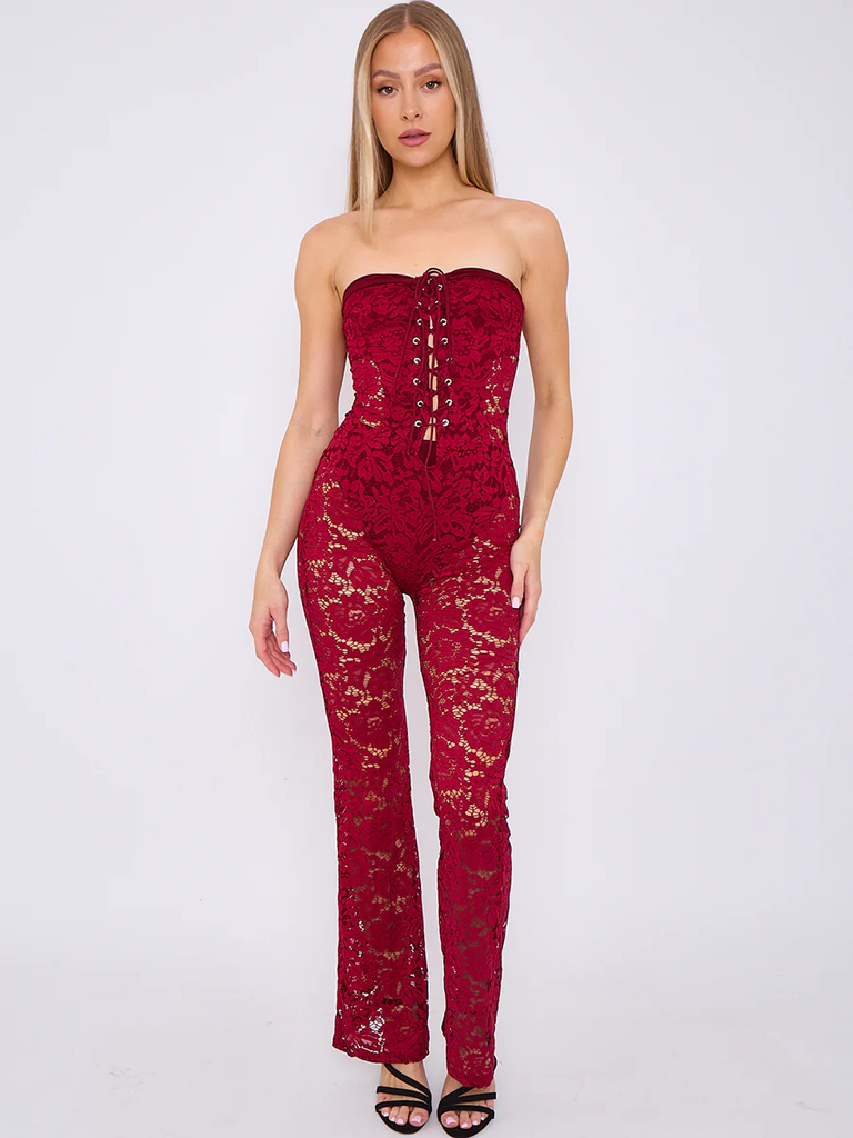 Lace Detail Bandeau Corset Jumpsuit -Wine