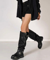 Slouchy Knee-High Biker Boots -Black