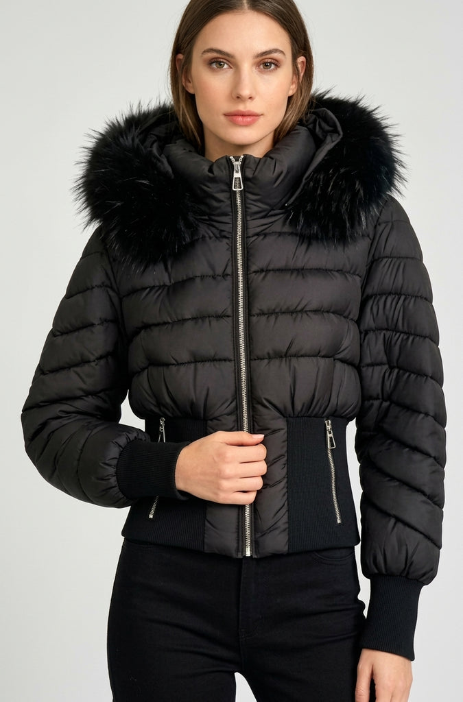 Cropped Puffer Jacket with Faux-Fur Hood –Black