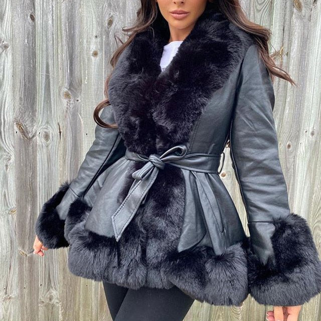 Faux Fur Belted Leather Jacket -Black