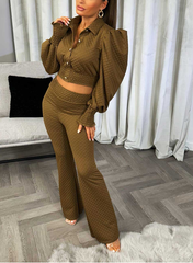 Quilted Puff Sleeve Gold Button Top & Trousers Co Ord -Brown