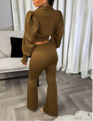 Quilted Puff Sleeve Gold Button Top & Trousers Co Ord -Brown
