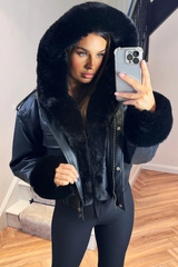 Faux Fur Bomber Jacket In Faux Leather -Black