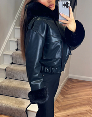 Faux Fur Bomber Jacket In Faux Leather -Black