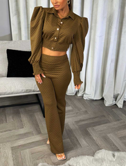 Quilted Puff Sleeve Gold Button Top & Trousers Co Ord -Brown