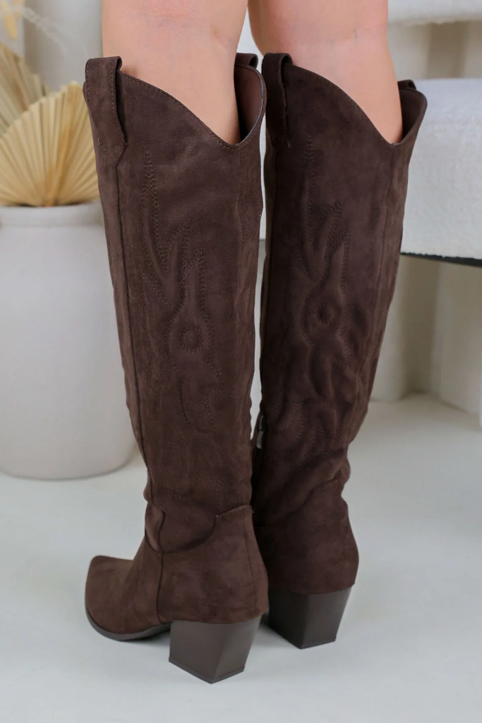 Embroidered Knee High Western Cowboy Boots -Coffee