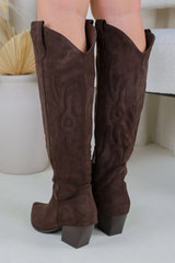 Embroidered Knee High Western Cowboy Boots -Coffee