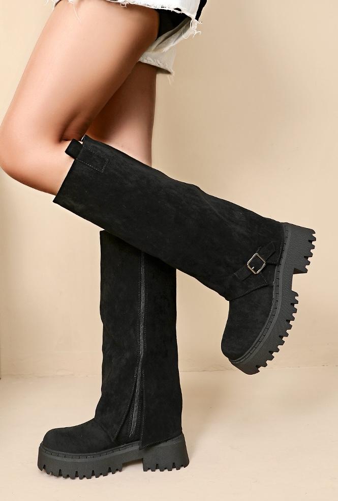 Chunky Knee-High Boots with Rugged Sole -Black