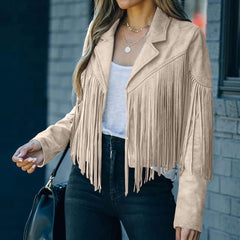 Cropped Tassel Fringe Faux Suede Jacket -Beige