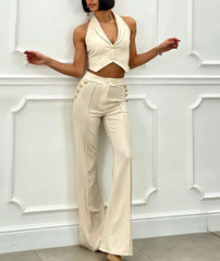 Halter Vest & High-Waist Wide-Leg Pants Set -Beige