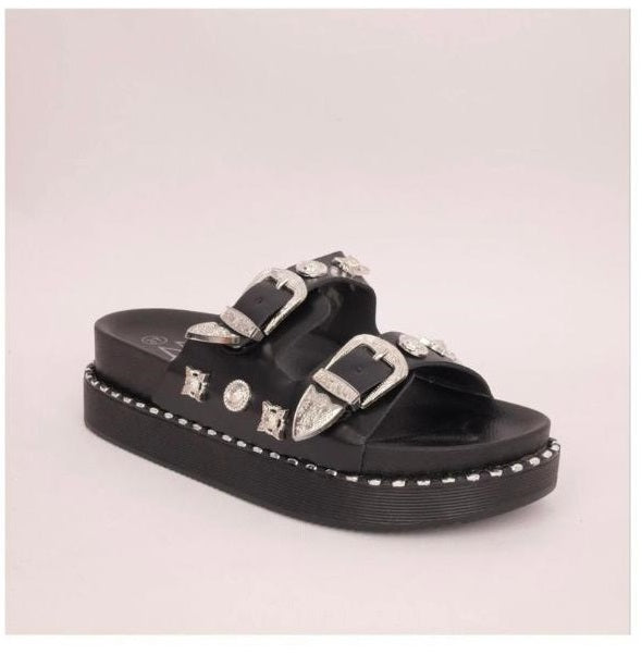 Platform Studded Buckle Sandal -Black