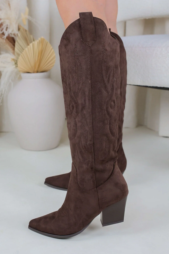 Embroidered Knee High Western Cowboy Boots -Coffee