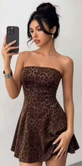 Midnight Leopard Strapless Corset Top & Pleated Mini Skirt Set -Brown