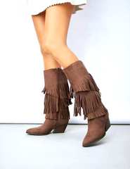 Suede Layered Fringe Knee-High Cowboy Boots -Brown