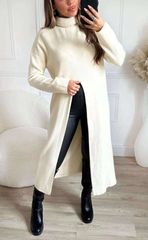 Super Soft Roll Neck Front Slit Jumper -Cream