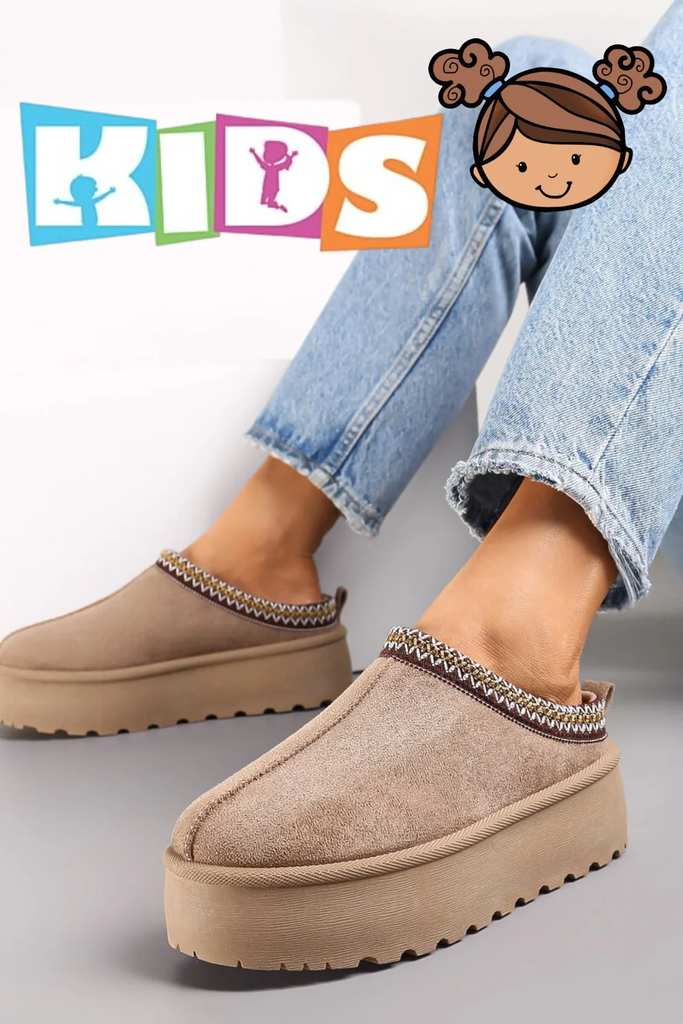 Kids: Fluffy Faux Fur Platform Slippers -Camel